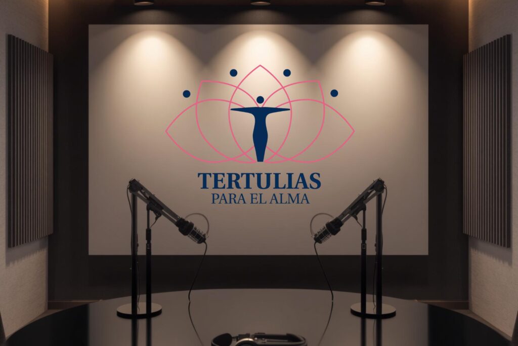 estudio de grabación para podcast con el logotipo de tertulias