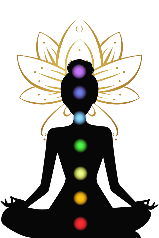 Silueta de mujer meditando con los chakras visibles