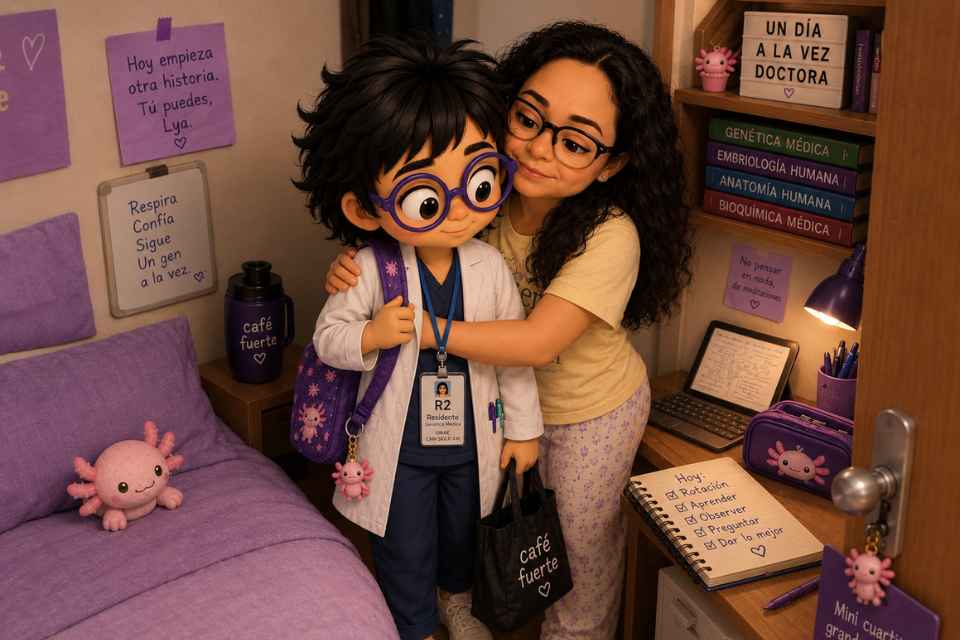 Una mamá abrazando a su hija medica con mucho cariño